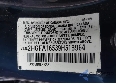 2009 Honda Civic Lx from USA, damaged, VIN 2HGFA16539H513964